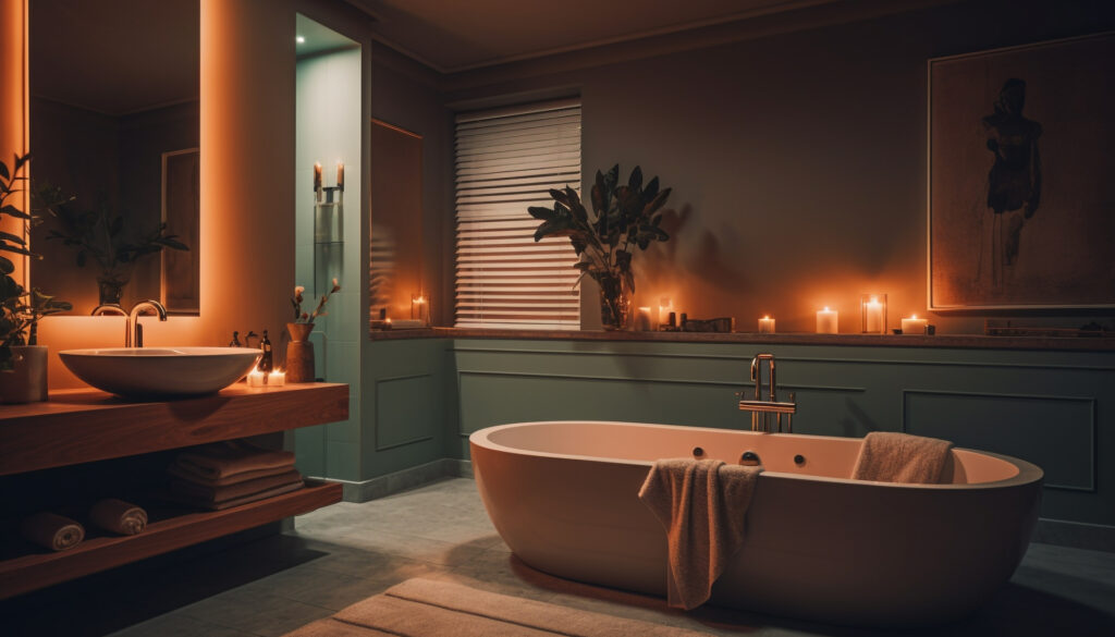Luxury bathroom with a freestanding bathtub, candlelight, wooden vanity, and soft ambient lighting